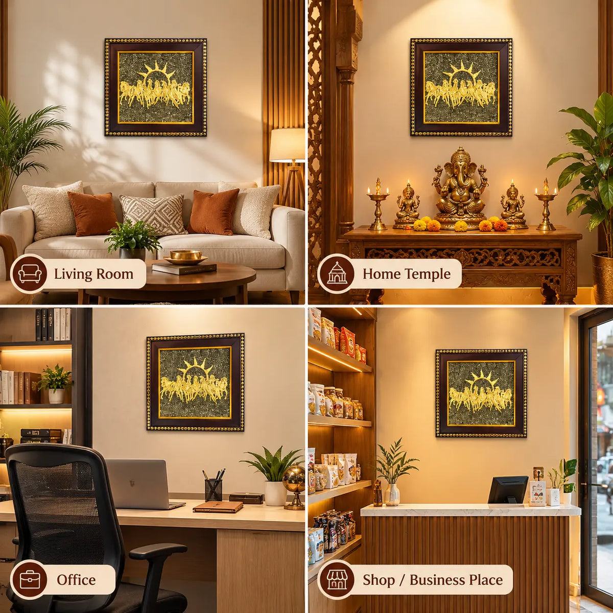 Aakuraa 7 Horses Pyrite Frame displayed in living room, home temple and office