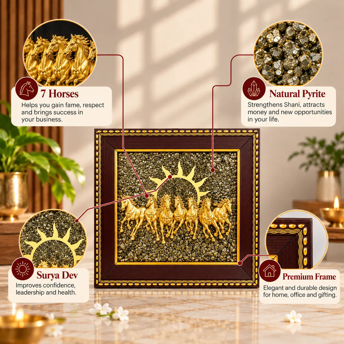 Aakuraa 7 Horses Pyrite Frame for premium home décor
