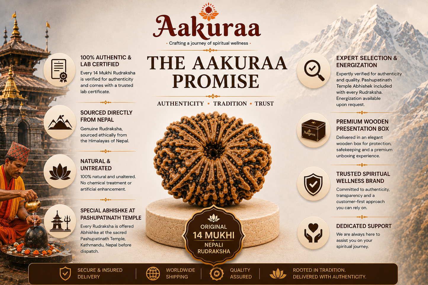 Aakuraa Promise for Original 14 Mukhi Nepali Rudraksha with Pashupatinath Temple Abhishek and Lab Certification