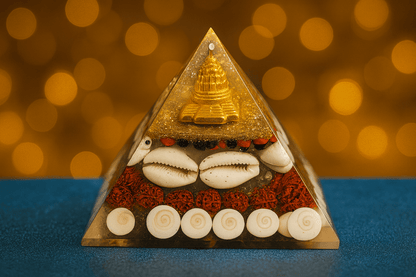 Divine Orgonite Pyramid with Rudraksha, Cowrie, and Gomti Chakras